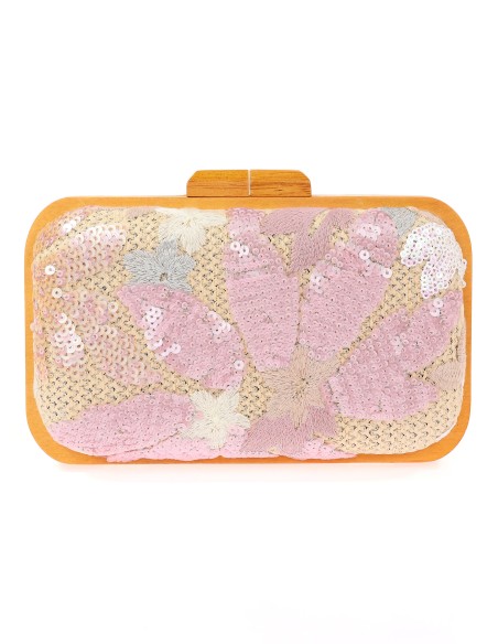 Bolso clutch de fiesta bordado rafia madera rosa