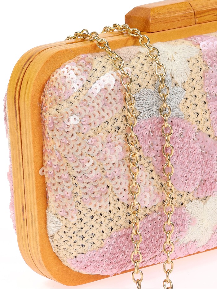 Bolso clutch de fiesta bordado rafia madera rosa