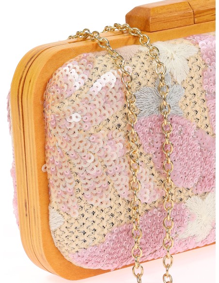 Bolso clutch de fiesta bordado rafia madera rosa