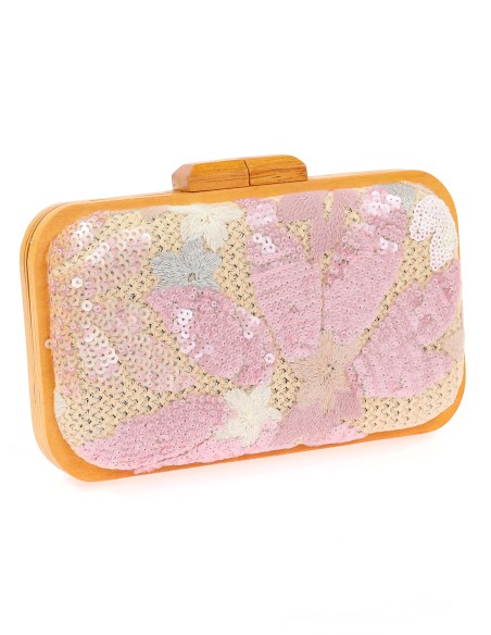 Bolso clutch de fiesta bordado rafia madera rosa
