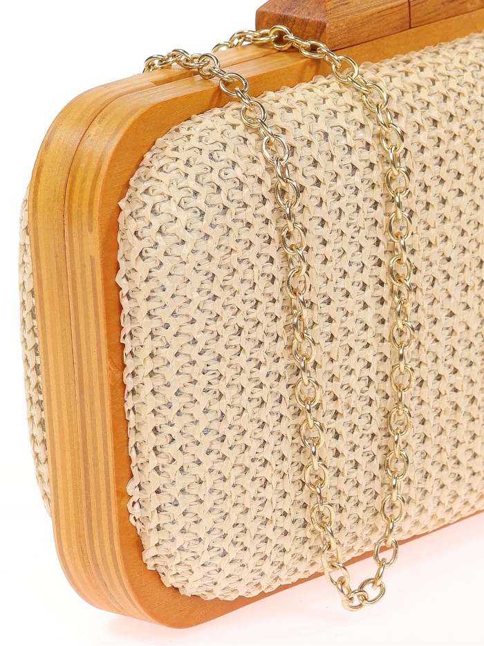 Raffia effect wood clutch natural