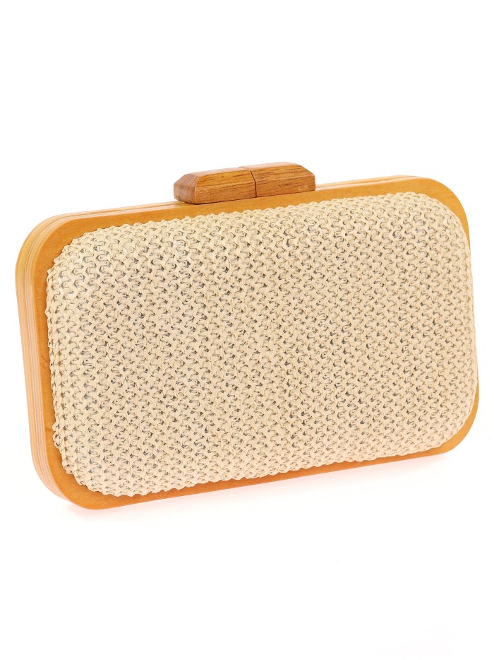 Raffia effect wood clutch natural