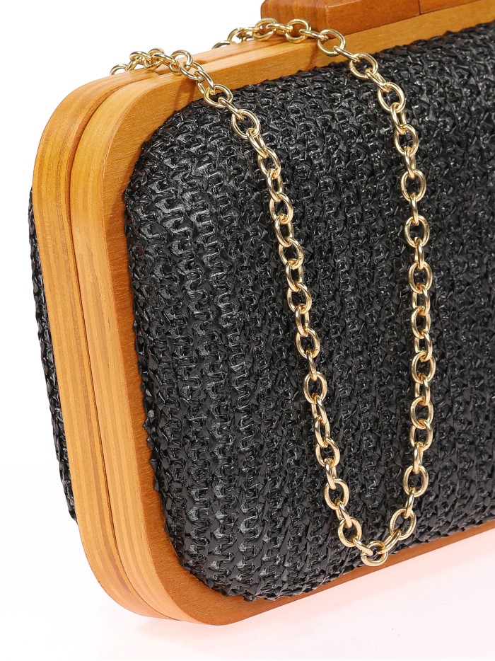 Schwarze Clutch-Tasche aus Raffia und Holz für Partys