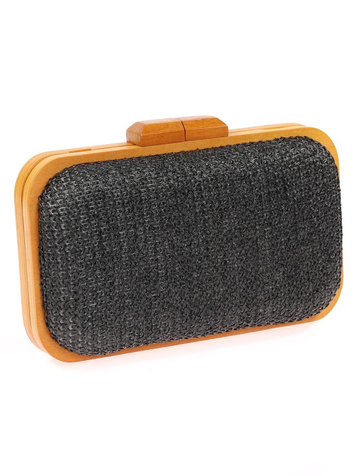 Schwarze Clutch-Tasche aus Raffia und Holz für Partys