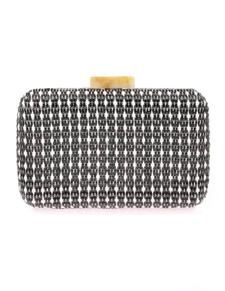 Bolso clutch de fiesta efecto rafia abalorio negro-blanco