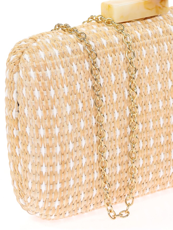 Raffia effect clutch with stone bead taupe