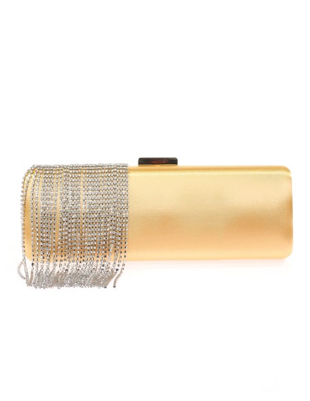 Bolso clutch de fiesta flecos pedrería oro