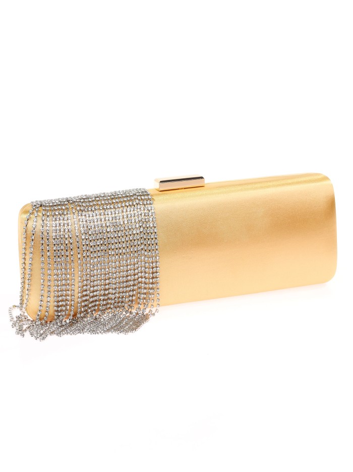 Bolso clutch de fiesta flecos pedrería oro
