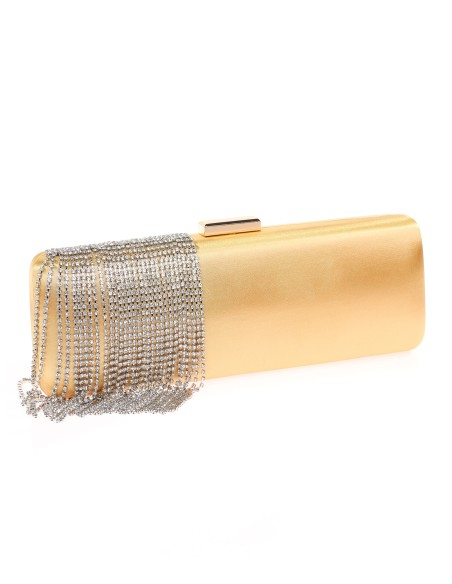 Bolso clutch de fiesta flecos pedrería oro