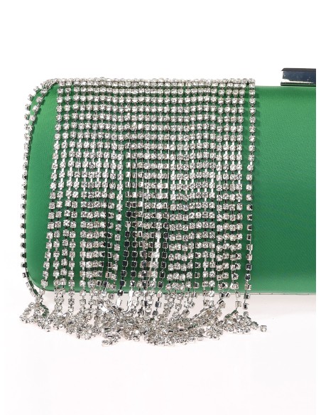 Bolso clutch de fiesta flecos pedrería verde-botella
