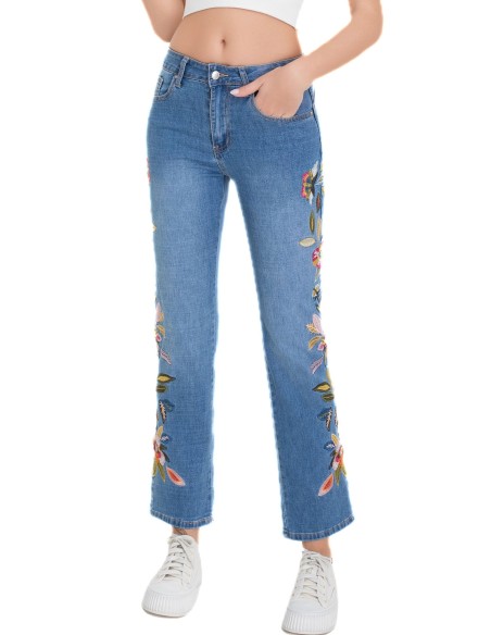 Jeans bordado flores azul (S-XXL)