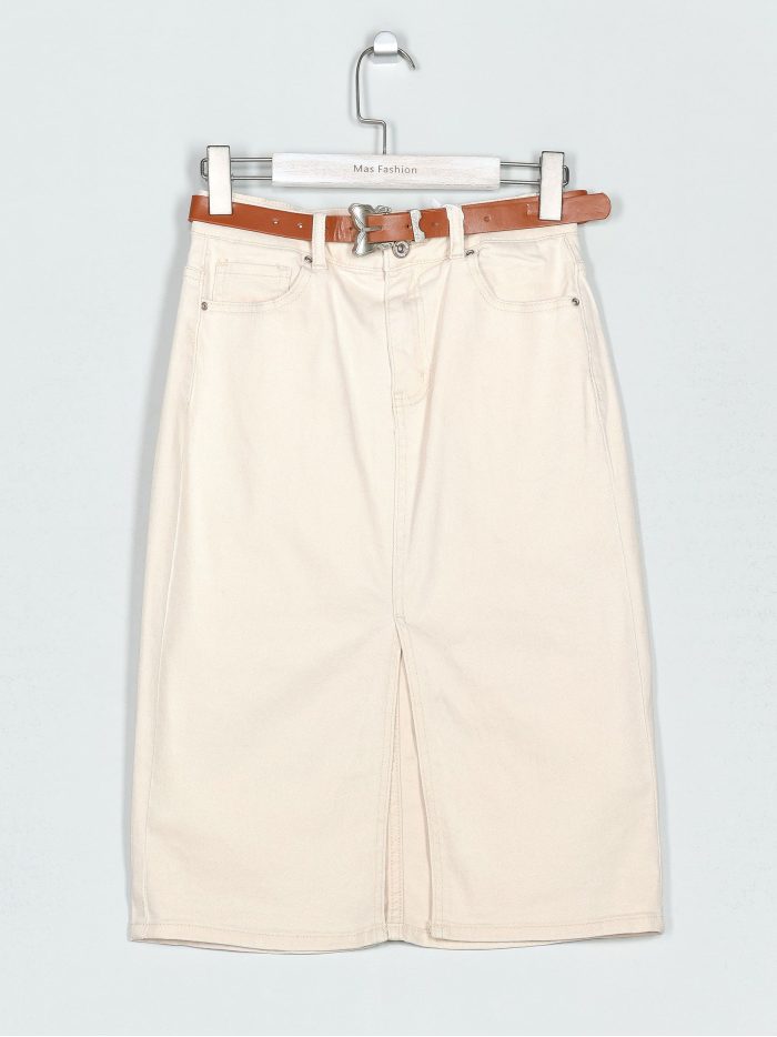 Gonna midi in denim con cintura beige (36-46)