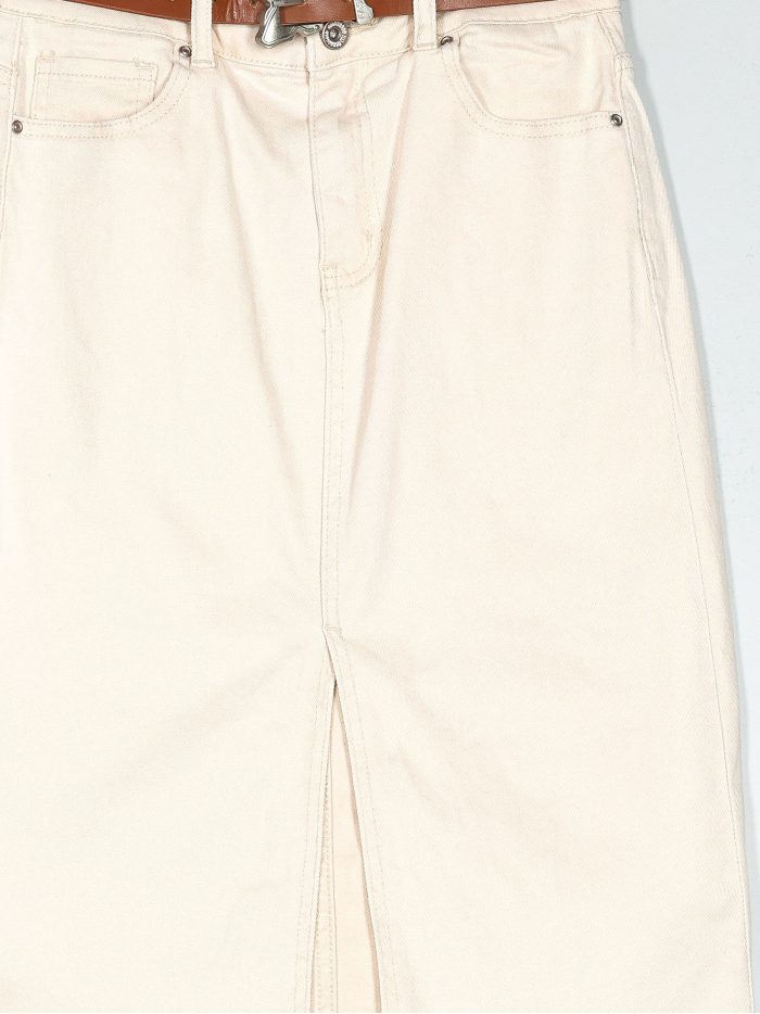 Gonna midi in denim con cintura beige (36-46)