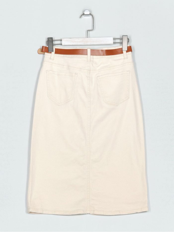 Gonna midi in denim con cintura beige (36-46)