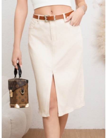 Falda denim midi cinturón beis (36-46)