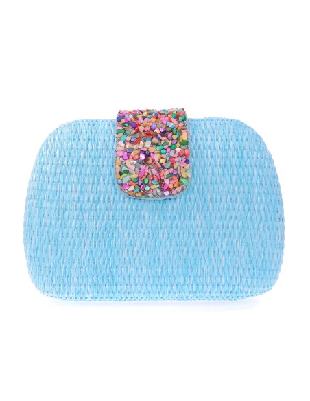 Bolso clutch de fiesta efecto rafia abalorio celeste