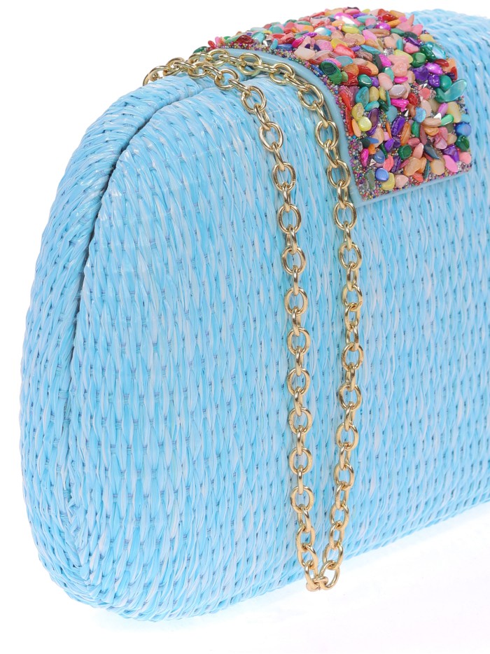 Bolso clutch de fiesta efecto rafia abalorio celeste