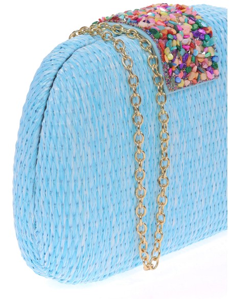 Bolso clutch de fiesta efecto rafia abalorio celeste