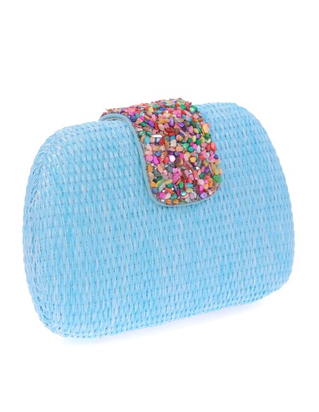 Bolso clutch de fiesta efecto rafia abalorio celeste