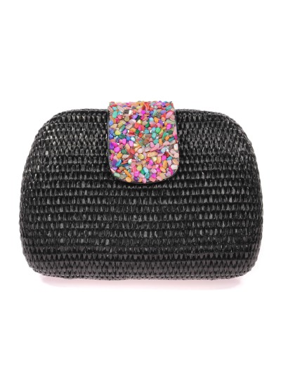Bolso clutch de fiesta efecto rafia abalorio negro