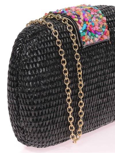 Bolso clutch de fiesta efecto rafia abalorio negro 2