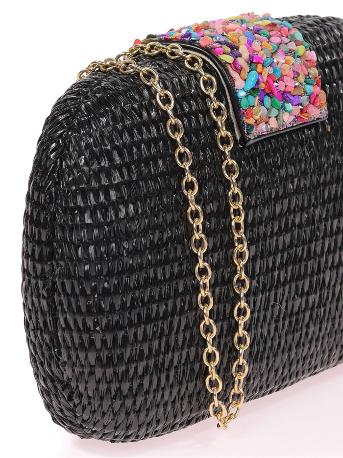 Bolso clutch de fiesta efecto rafia abalorio negro