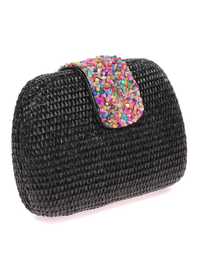 Bolso clutch de fiesta efecto rafia abalorio negro