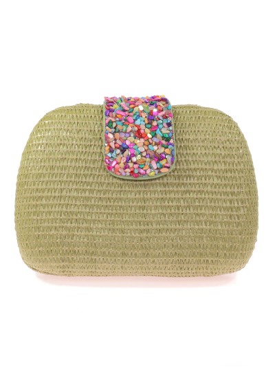 Bolso clutch de fiesta efecto rafia abalorio oliva