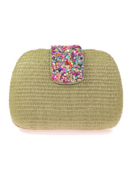 Bolso clutch de fiesta efecto rafia abalorio oliva