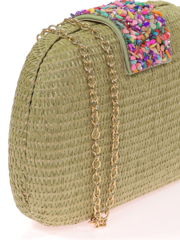 Bolso clutch de fiesta efecto rafia abalorio oliva