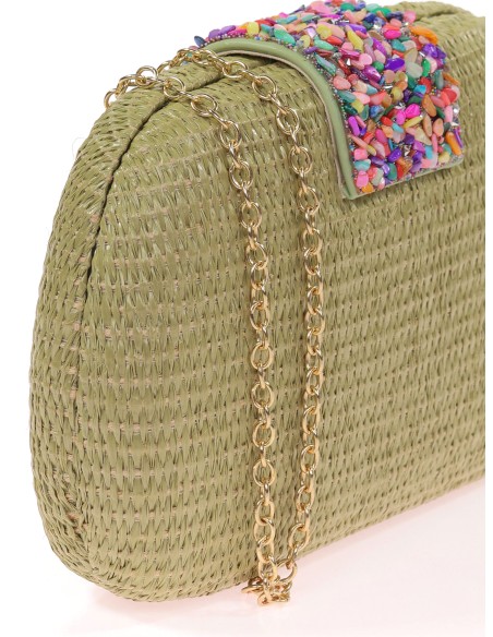Bolso clutch de fiesta efecto rafia abalorio oliva