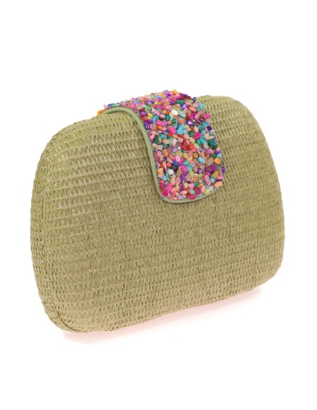 Bolso clutch de fiesta efecto rafia abalorio oliva