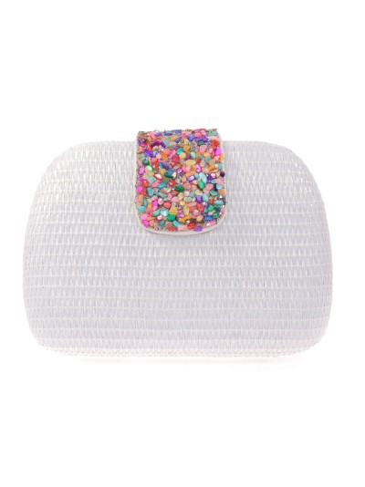 Bolso clutch de fiesta efecto rafia abalorio blanco