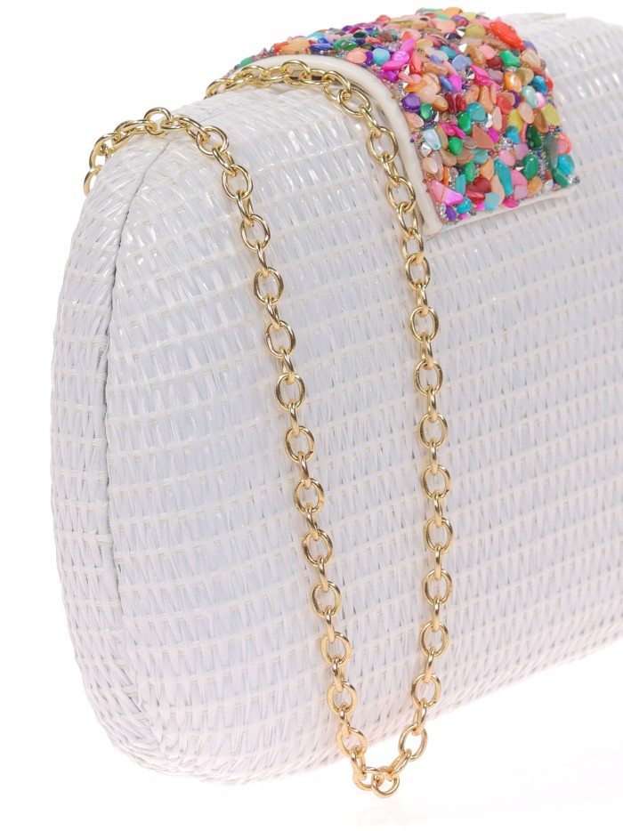 Bolso clutch de fiesta efecto rafia abalorio blanco
