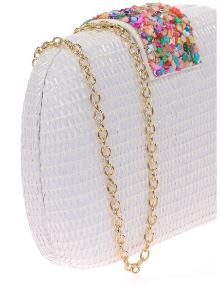 Bolso clutch de fiesta efecto rafia abalorio blanco