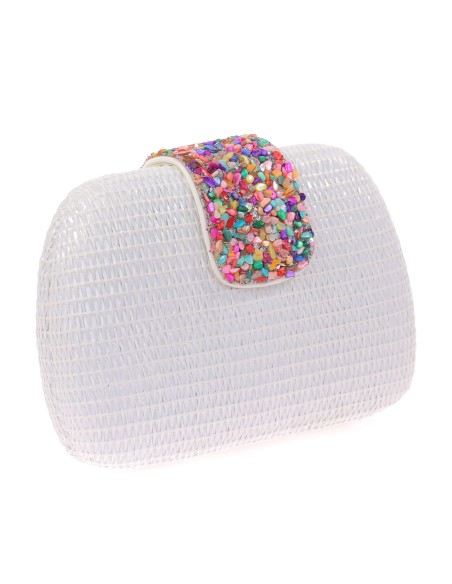 Bolso clutch de fiesta efecto rafia abalorio blanco
