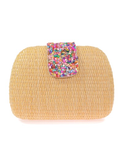 Bolso clutch de fiesta efecto rafia abalorio taupe