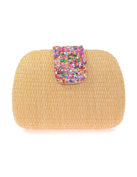 Bolso clutch de fiesta efecto rafia abalorio taupe