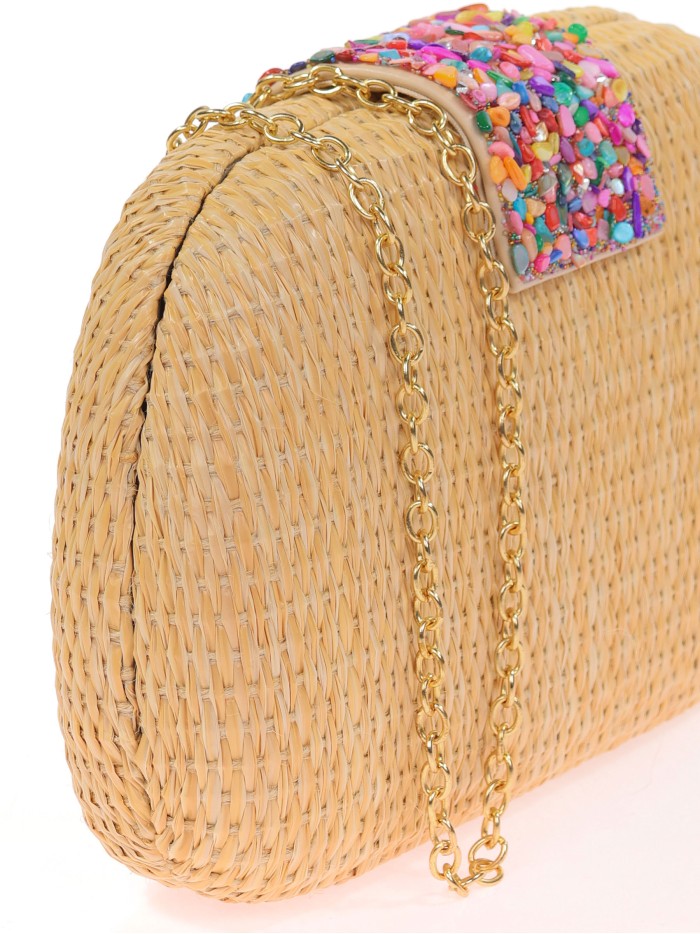 Bolso clutch de fiesta efecto rafia abalorio taupe
