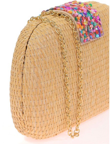 Bolso clutch de fiesta efecto rafia abalorio taupe