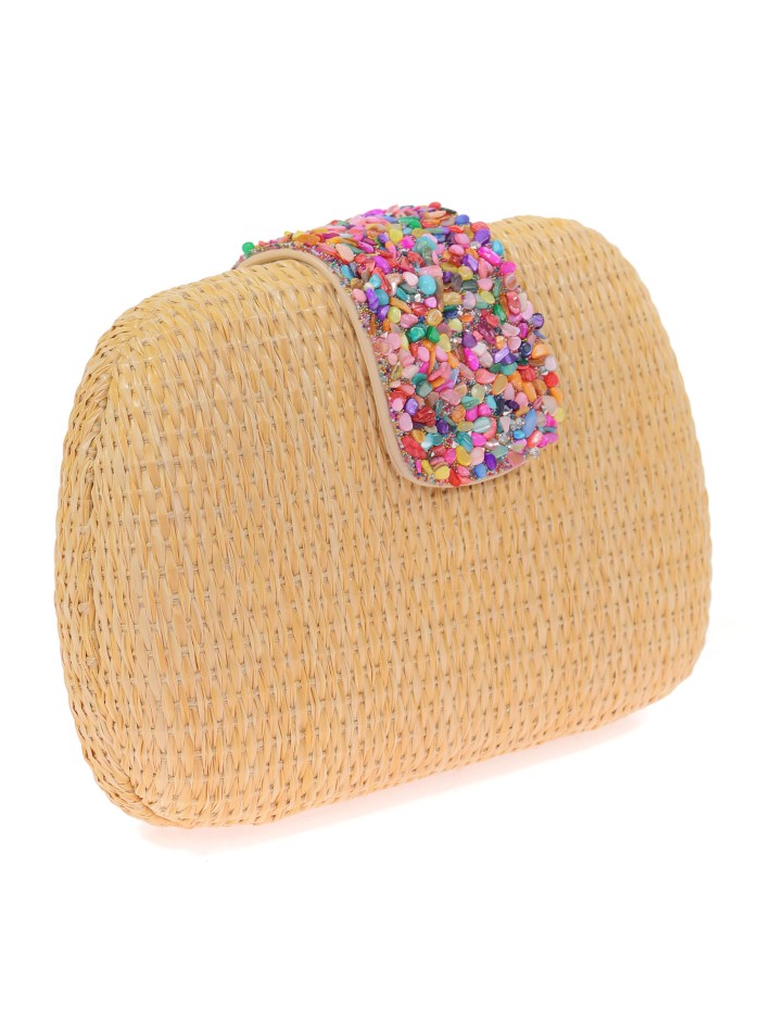 Bolso clutch de fiesta efecto rafia abalorio taupe