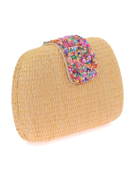 Bolso clutch de fiesta efecto rafia abalorio taupe