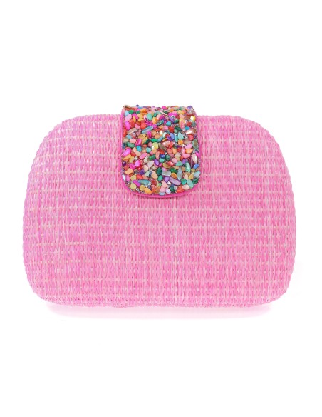 Bolso clutch de fiesta efecto rafia abalorio fucsia