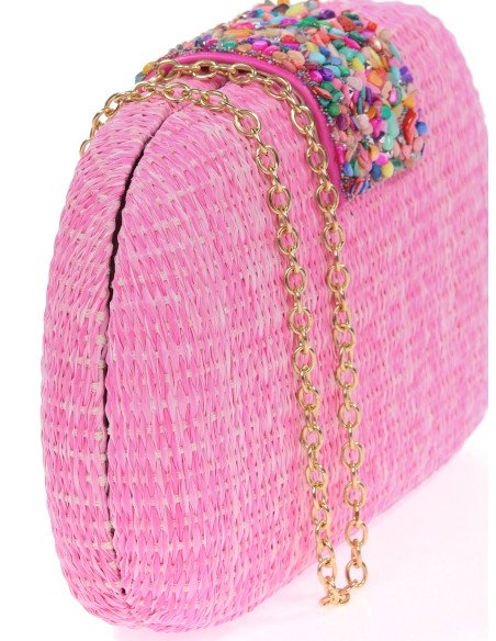 Bolso clutch de fiesta efecto rafia abalorio fucsia