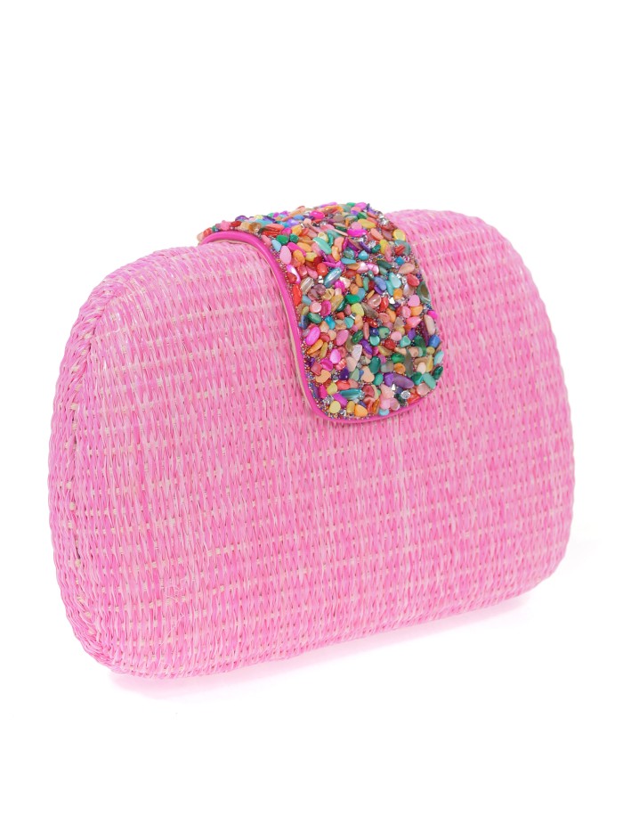 Bolso clutch de fiesta efecto rafia abalorio fucsia