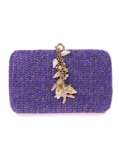 Bolso clutch de fiesta efecto rafia conchas azul-morado