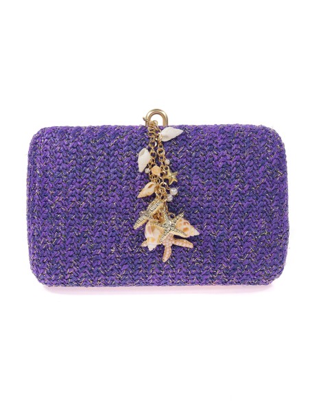 Bolso clutch de fiesta efecto rafia conchas azul-morado