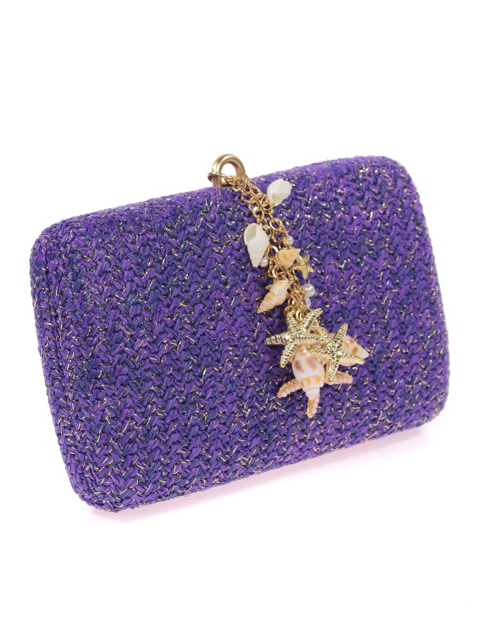 Bolso clutch de fiesta efecto rafia conchas azul-morado