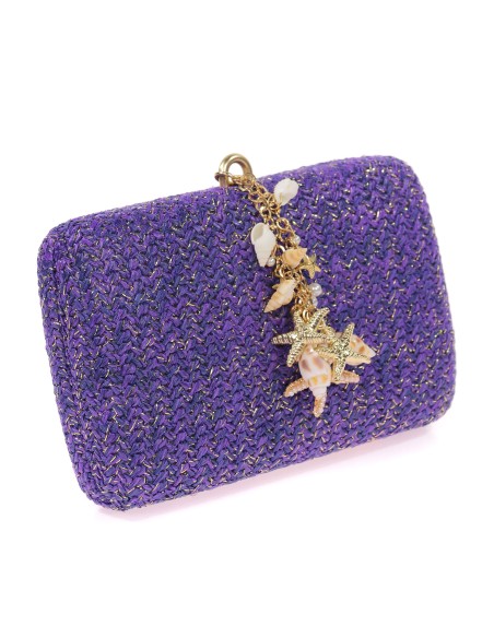Bolso clutch de fiesta efecto rafia conchas azul-morado