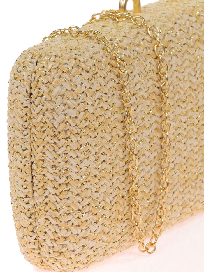 Bolso clutch de fiesta efecto rafia conchas camel